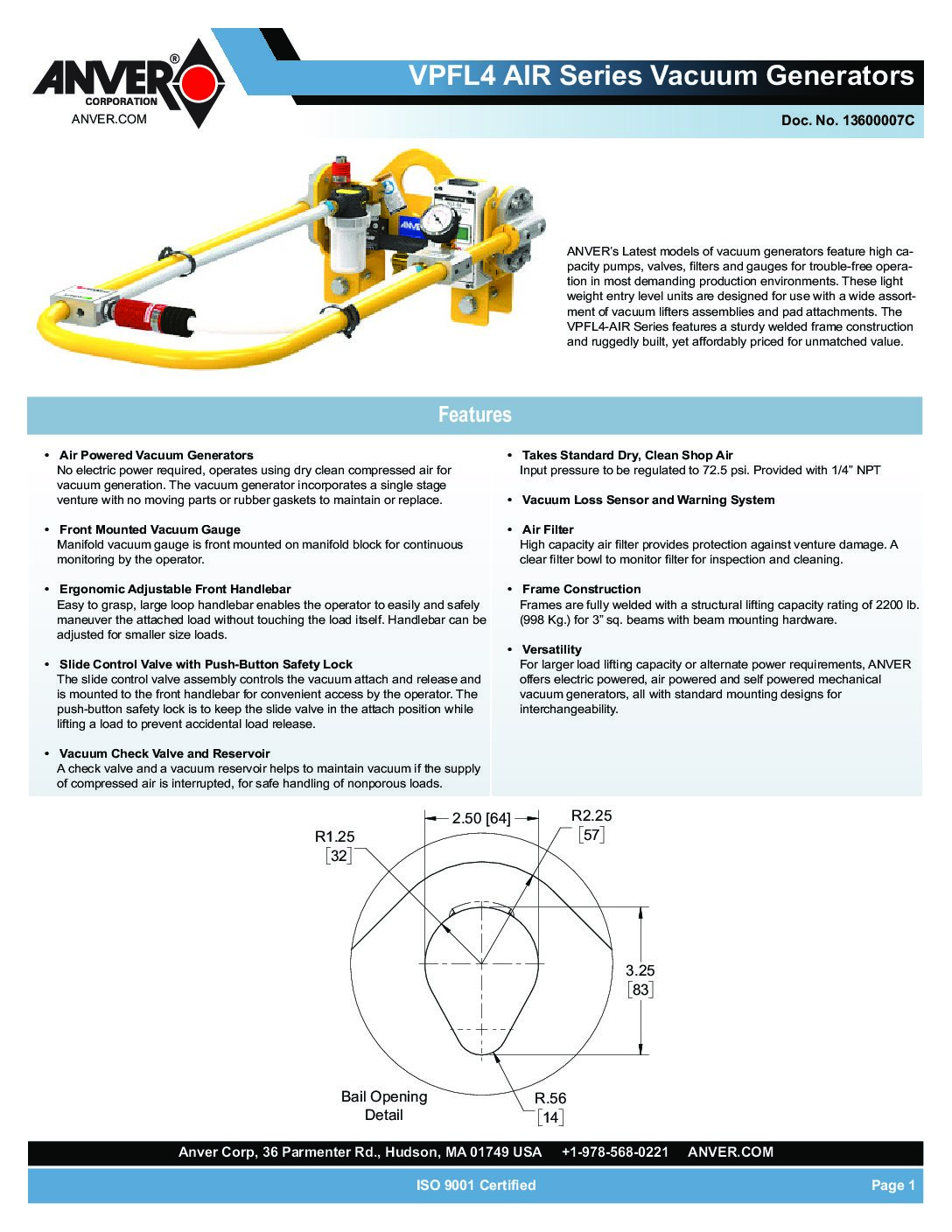 Anver Air Powered Vacuum Generator VPFL4 Spread Sheet pdf