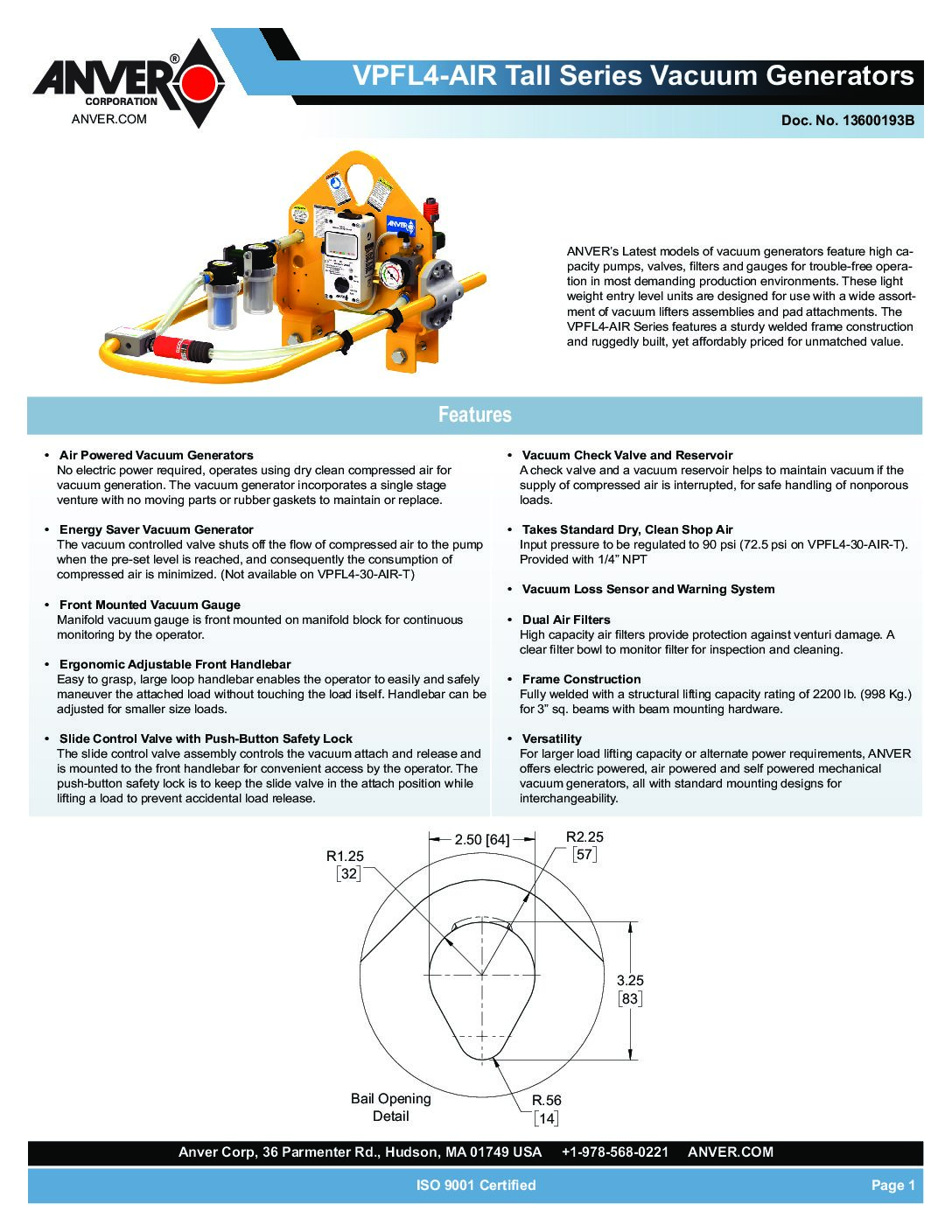 Anver Air Powered Vacuum Generator VPFL4 Tall Spread Sheet pdf