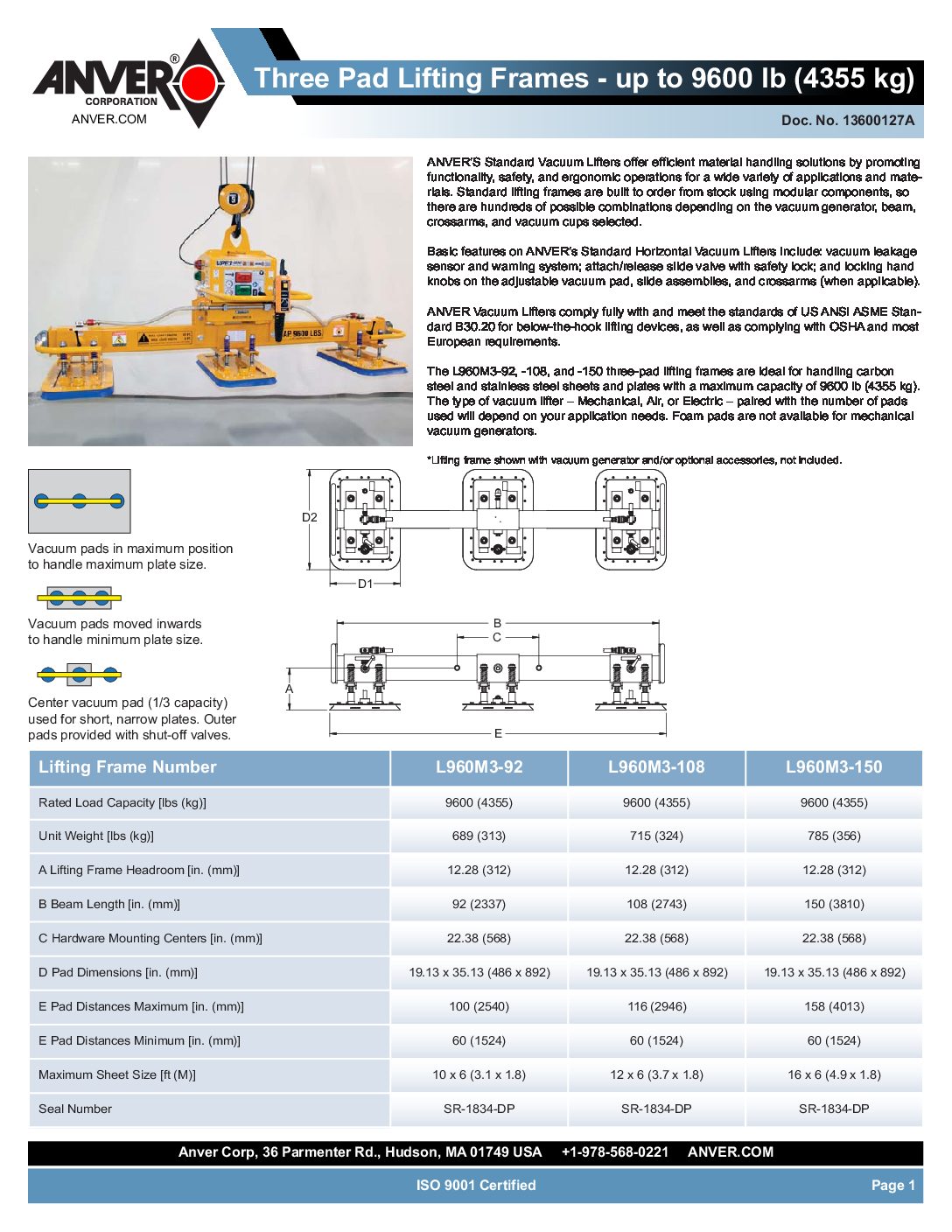 Anver Vacuum Pad Lifting Frames 3 pad inline Spread Sheet pdf
