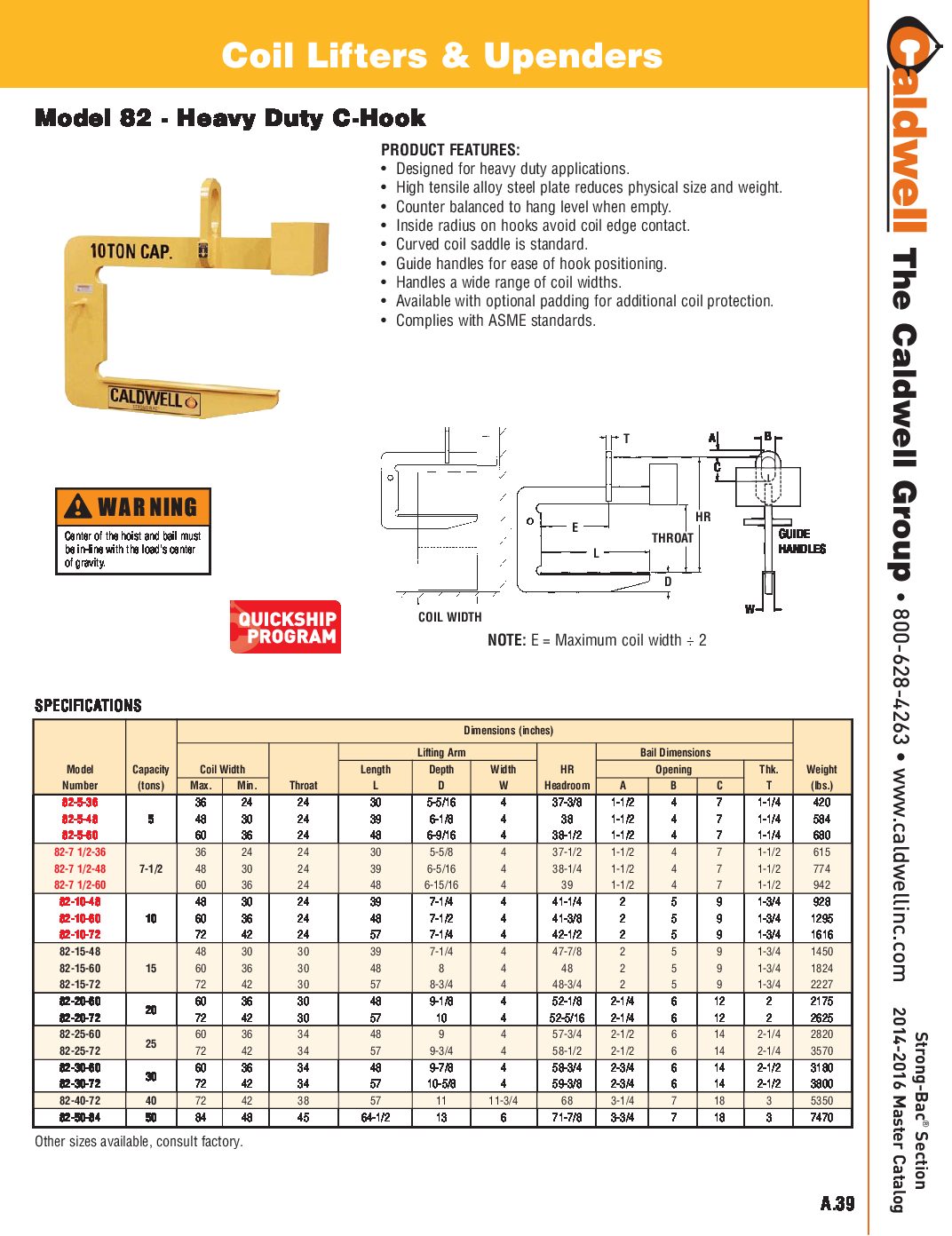 Caldwell STRONG BAC Heavy Duty C Hook Coil Lifter Spread Sheet pdf
