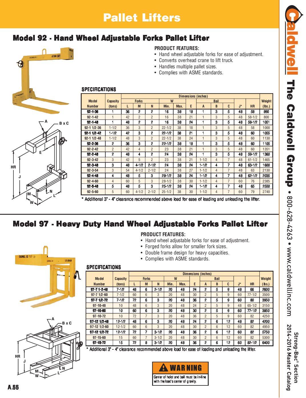 Caldwell STRONG BAC Heavy Duty Hand Wheel Adjustable Forks Pallet Lifter Spread Sheet pdf