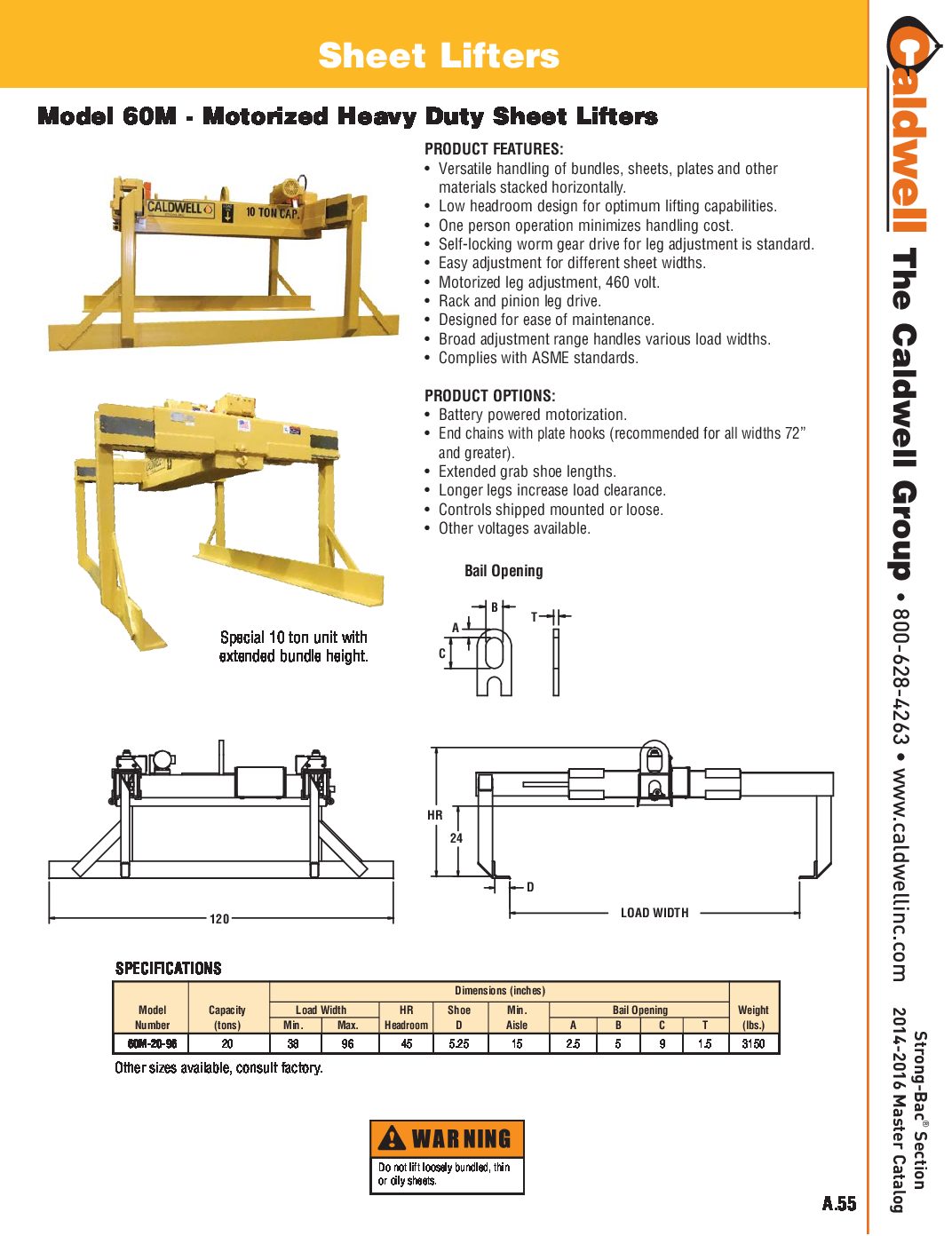 Caldwell STRONG BAC Heavy Duty Hydraulic Sheet Lifter Spread Sheet pdf
