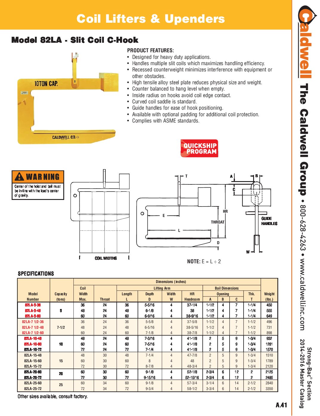 Caldwell STRONG BAC Slit Coil C Hook Coil Lifter Spread Sheet pdf