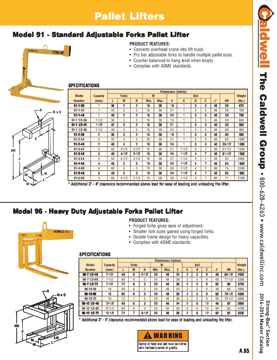 Caldwell STRONG BAC Standard Adjustable Fork Pallet Lifter Spread Sheet pdf